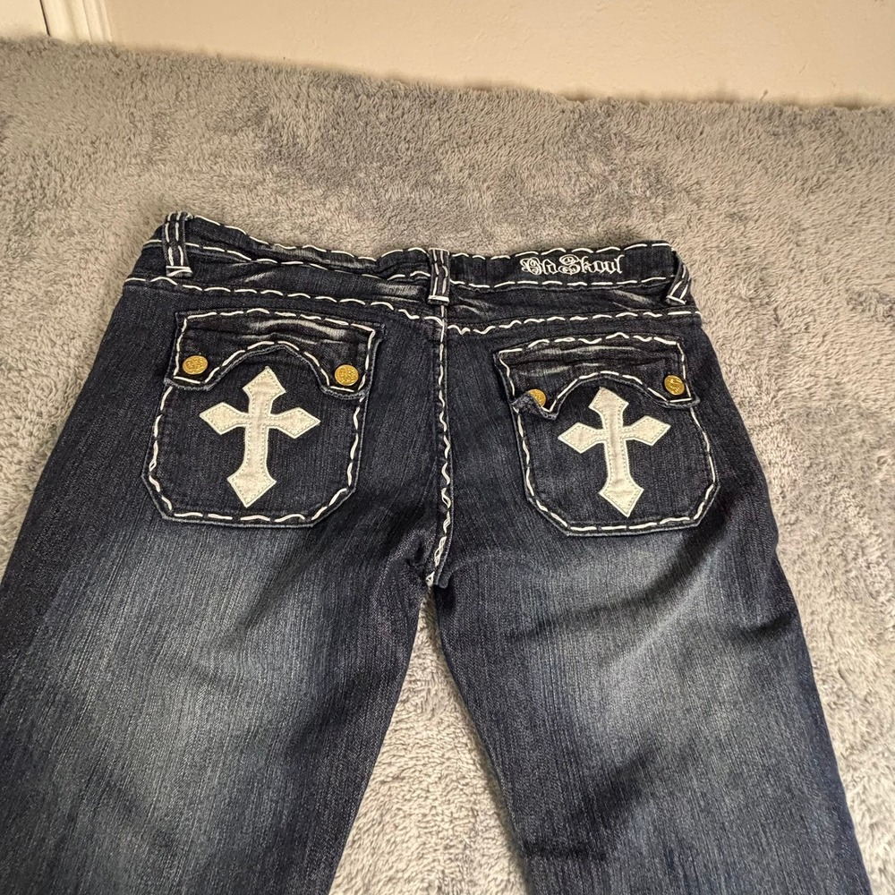 Old Skool Womens Straight Leg Jeans Dark Wash Thick White Contrast Stitch 11 - Picture 11 of 14
